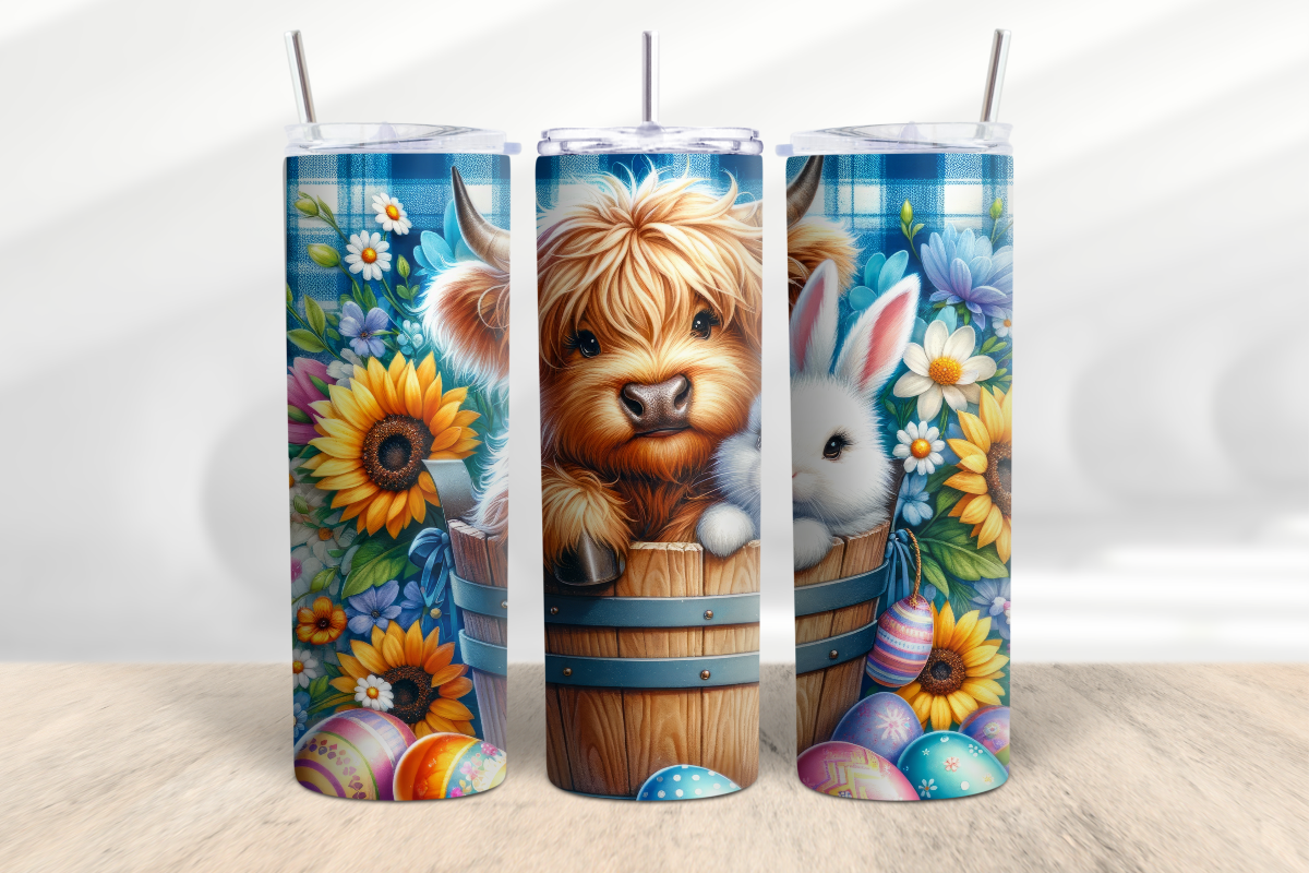 Easter Highland Cow and Bunny 20 oz Skinny Tumbler Cup With Straw