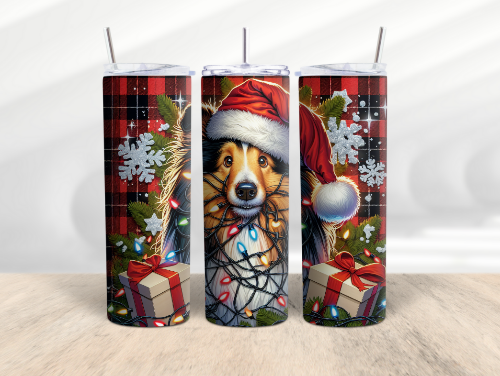 Christmas Funny Dog Shetland Collie Sheepdog 20 oz Skinny Tumbler Cup With Straw