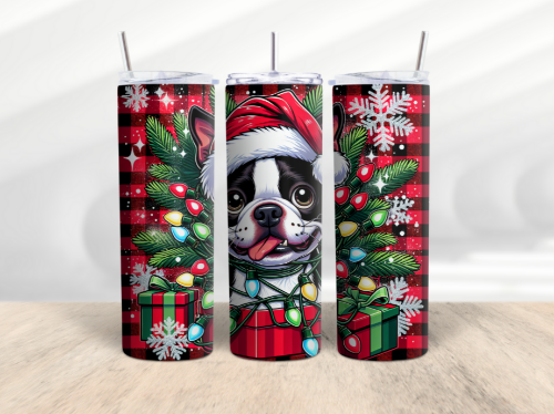 Christmas Funny Dog Boston Terrier 20 oz Skinny Tumbler Cup With Straw