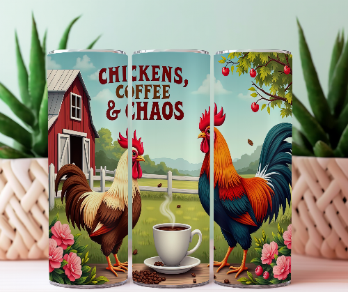 Chickens Coffee and Chaos Rooster 20 oz Skinny Tumbler Cup With Straw