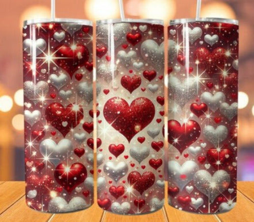 Valentines Glitter Hearts 20 oz Skinny Tumbler Cup With Straw