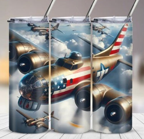 Patriotic Bomber Plane 20 oz Skinny Tumbler Cup With Straw