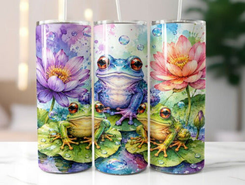 Watercolor Frogs 20 oz Skinny Tumbler Cup With Straw