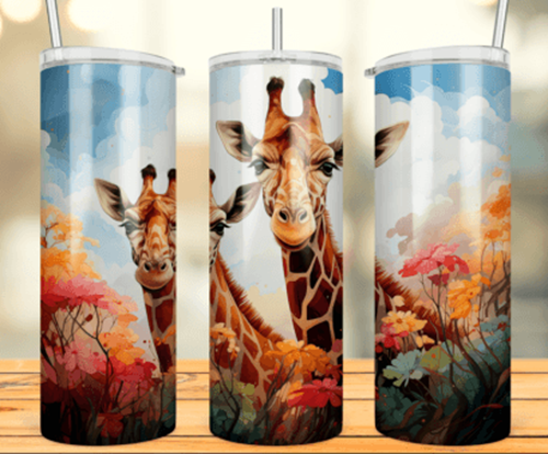 Watercolor Giraffes 20 oz Skinny Tumbler Cup With Straw