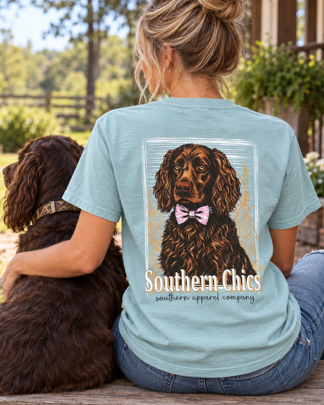 A woman sitting outdoors on a wooden porch with a brown dog beside her, wearing a light blue graphic T-shirt. The back of the shirt features a large illustration of a brown dog wearing a pink bow tie, with the text 'Southern Chics' and 'southern apparel company' printed below.