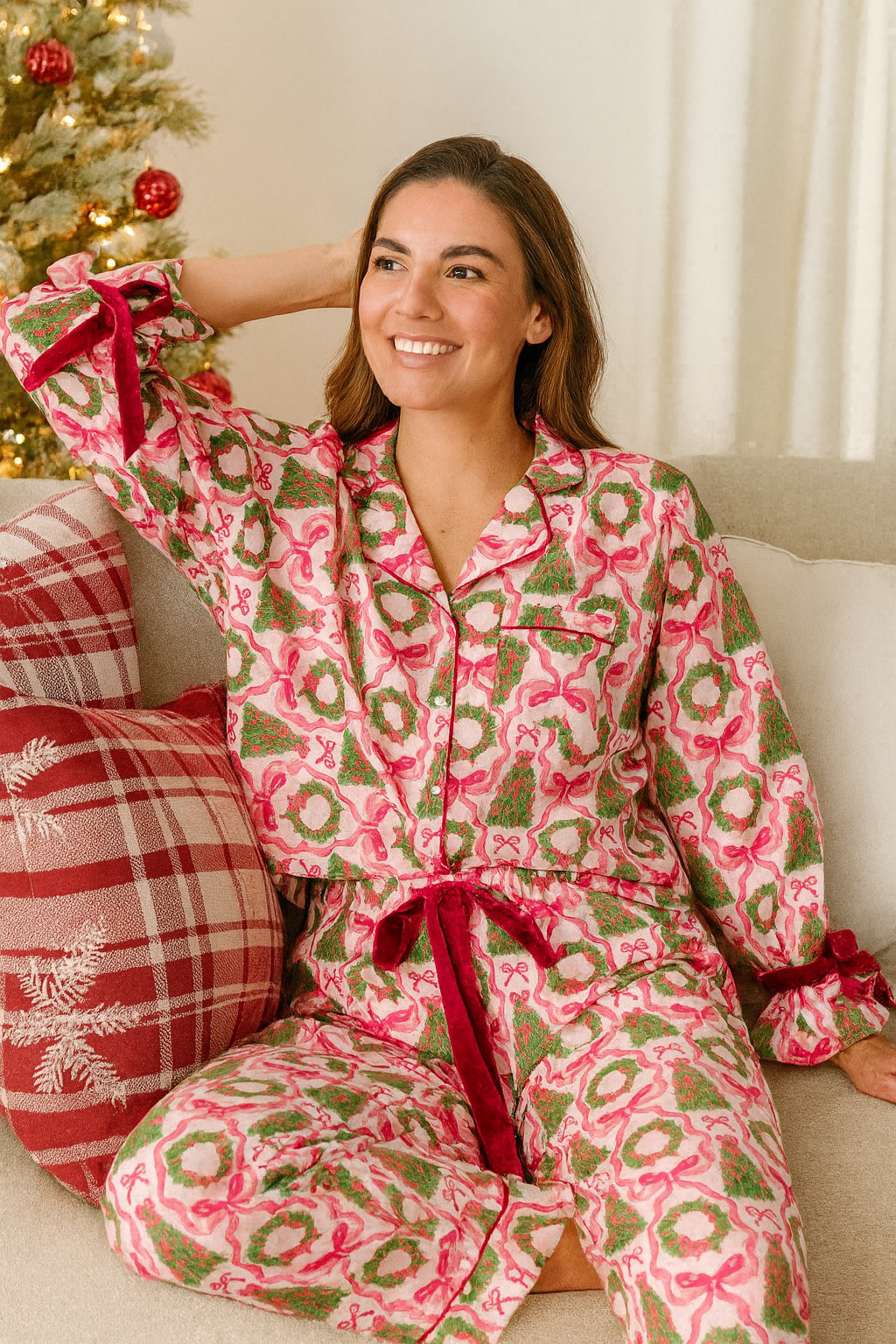Simply Southern Tree Bow Holiday PJ Pants & Long Sleeve T-Shirt Set