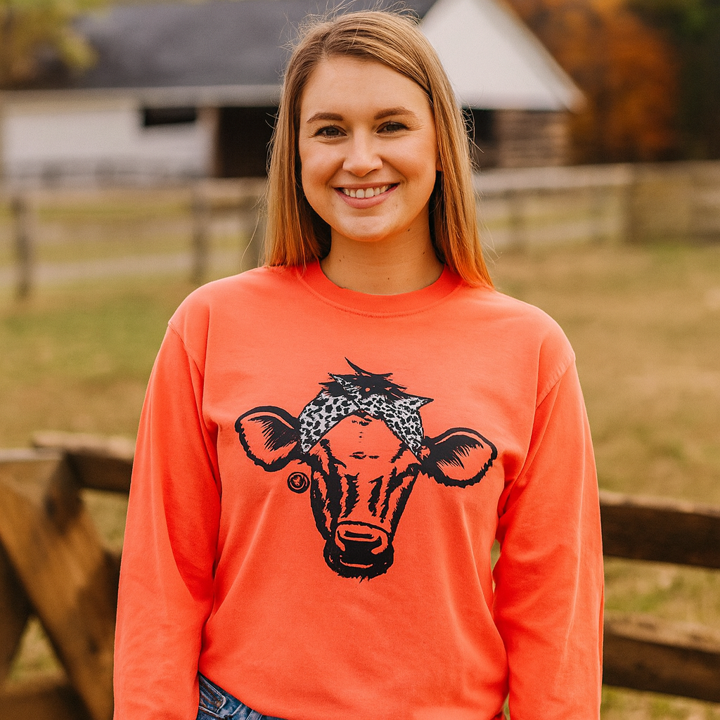 Girlie Girl Originals Preppy Leopard Bandana Cow Coral Long Sleeve T-Shirt