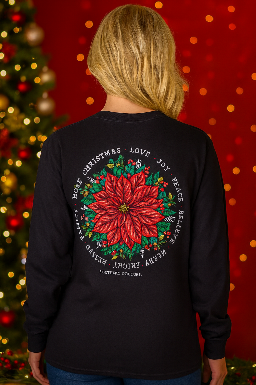 Southern Couture Classic Christmas Poinsettia Holiday Long Sleeve T-Shirt