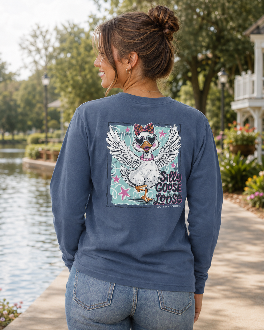 Southern Couture Classic Silly Goose Indigo Long Sleeve T-Shirt