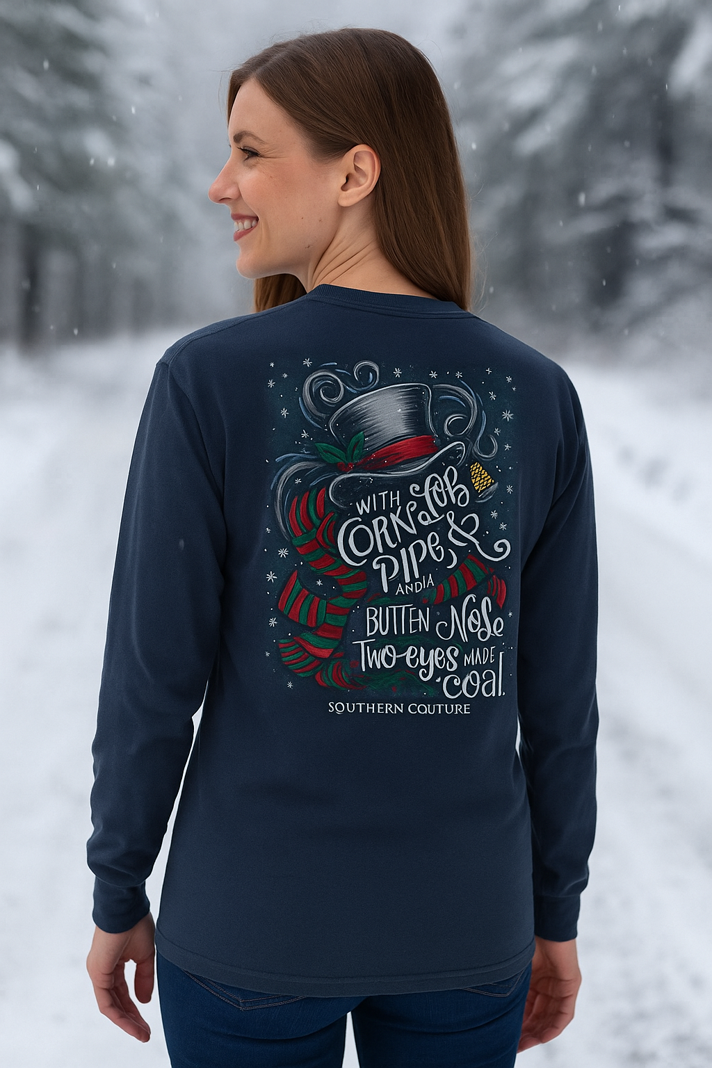 Southern Couture Classic Corn Cobb Pipe Snowman Holiday Long Sleeve T-Shirt