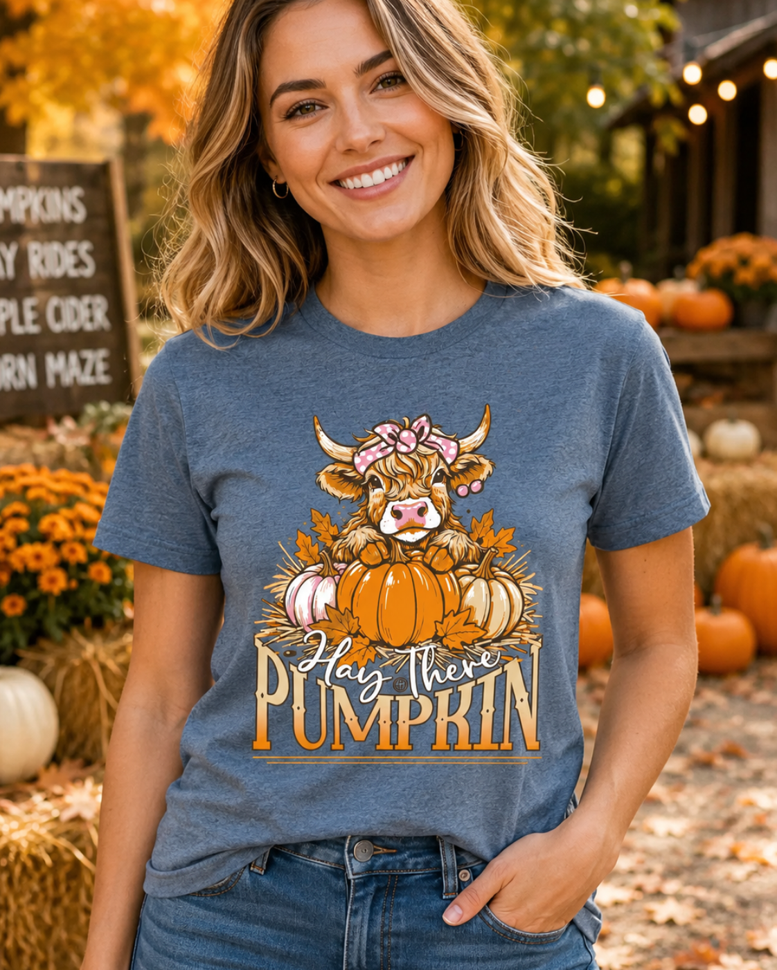 A woman wearing a slate blue graphic t-shirt with a cartoon cow and pumpkins that reads 'Hey There PUMPKIN' in autumn-themed outdoor setting.