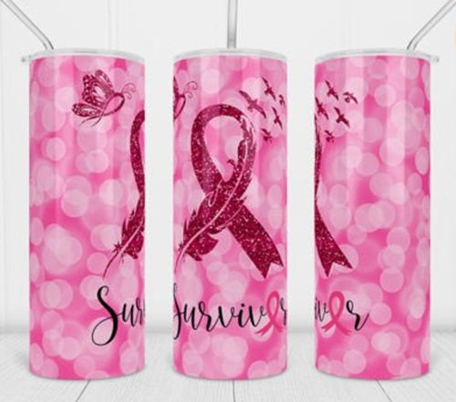 Breast Cancer Survivor Ribbon Pink 20 oz Skinny Tumbler Cup With Straw
