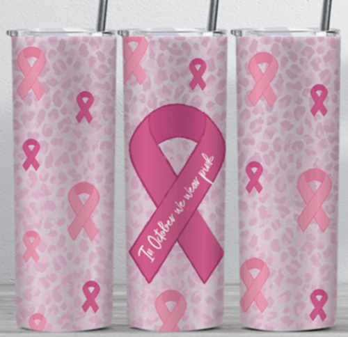 Breast Cancer In October We Wear Pink Cheetah Print 20 oz Skinny Tumbler Cup With Straw
