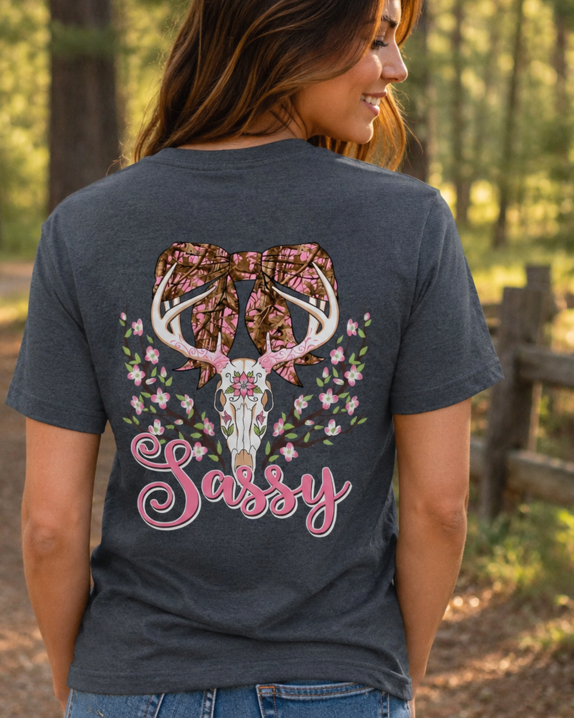 Southern Attitude Sassy Dear Skull Camo Bow T-Shirt