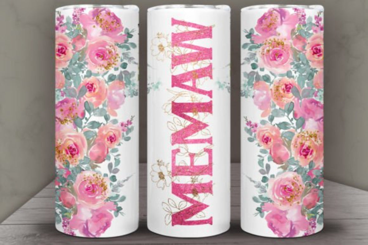 Floral MEMAW 20 oz Skinny Tumbler Cup With Straw