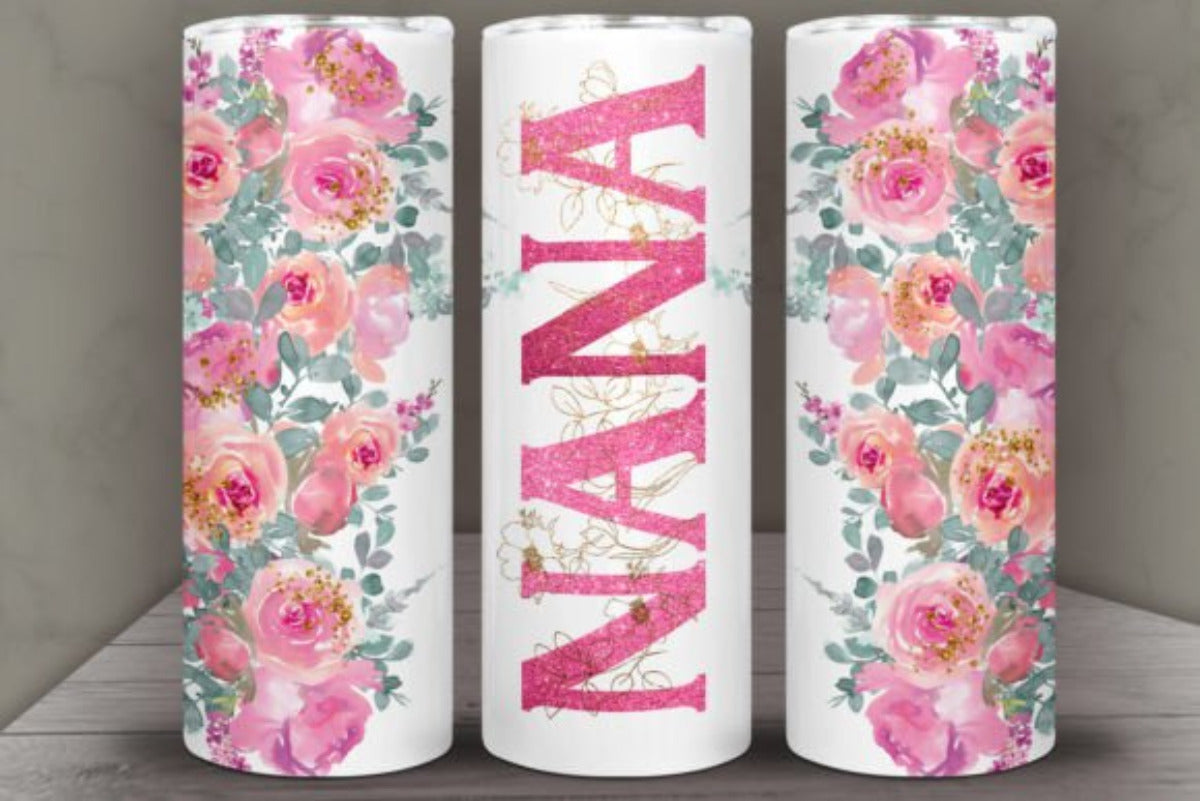 Floral NANA 20 oz Skinny Tumbler Cup With Straw