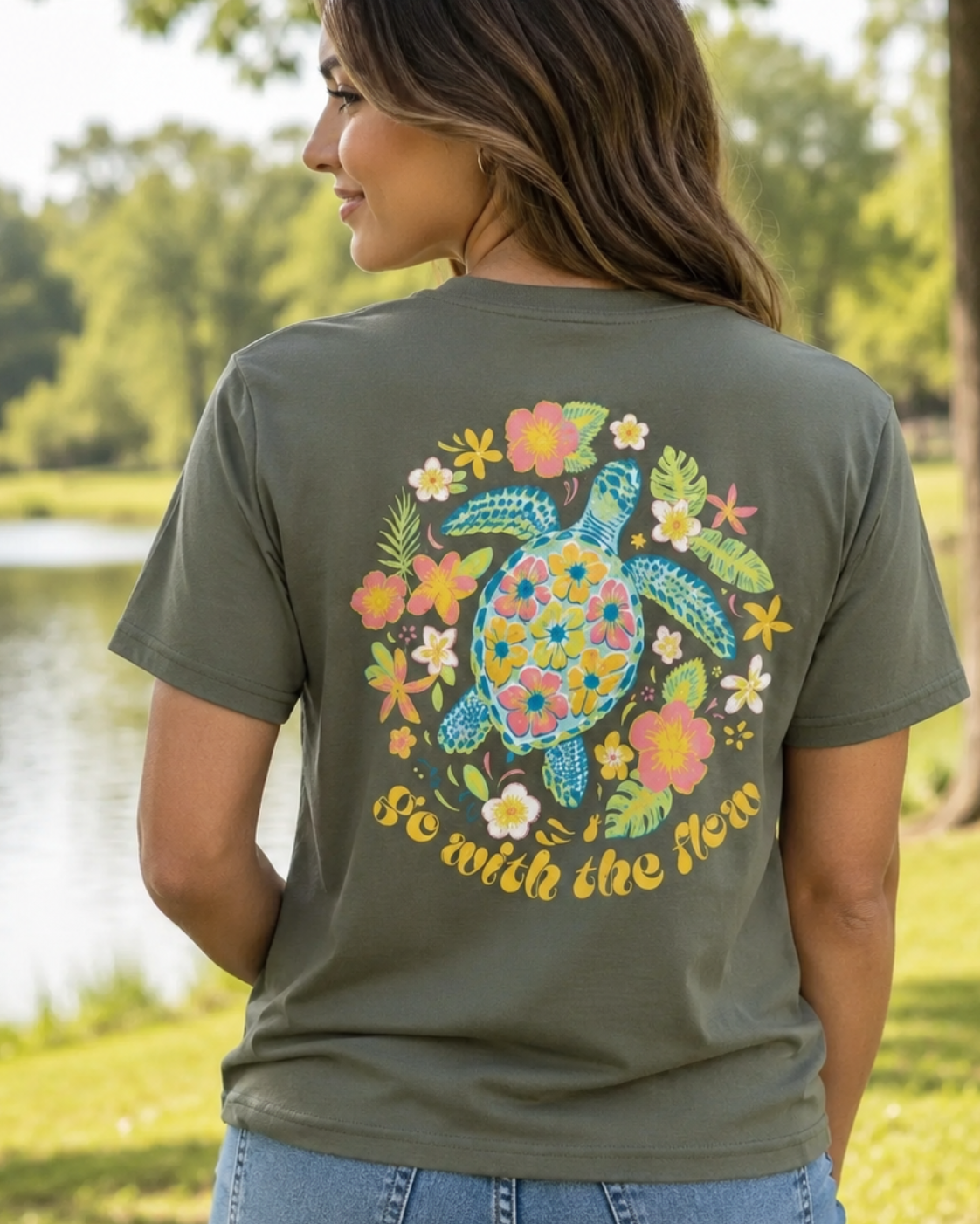 Southern Attitude Circle Flower Turtle T-Shirt