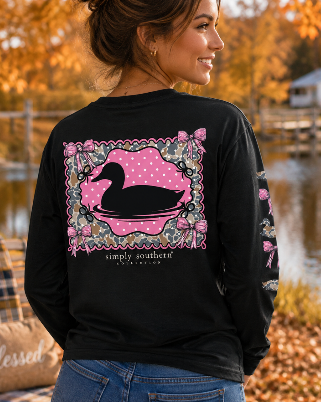 Simply Southern Camo Pink Bows Duck Long Sleeve T-Shirt