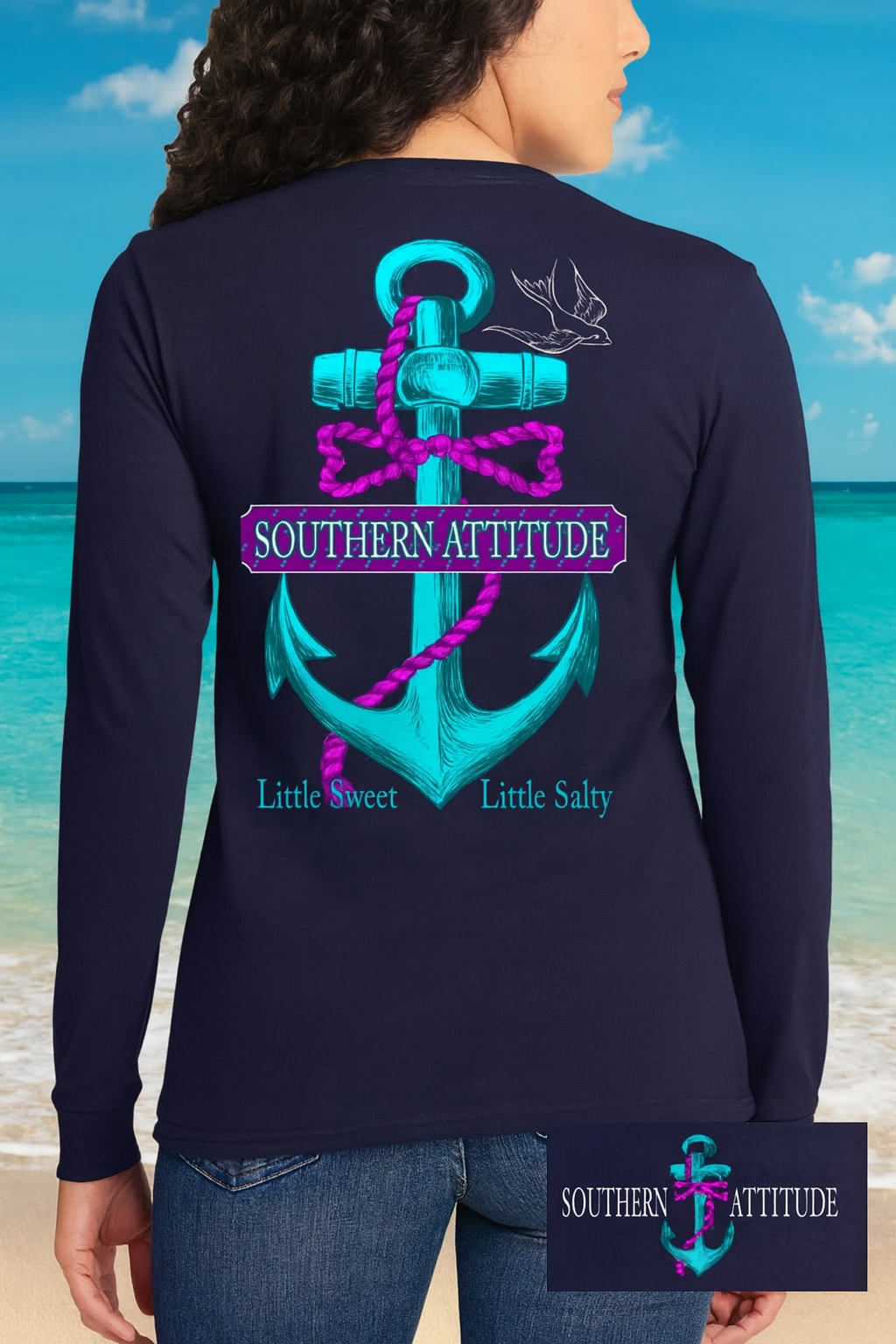 Country Life Outfitters Southern Attitude Anchor Bow Navy Vintage Girlie Bright Long Sleeves T Shirt