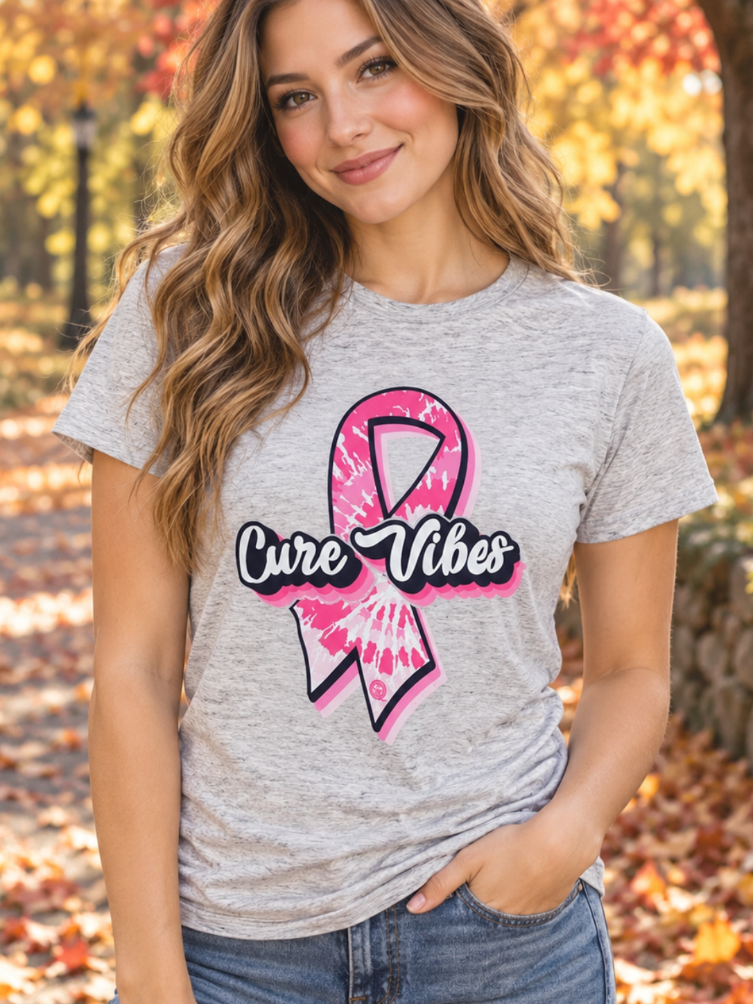 A woman wearing a heather gray t-shirt with a pink and white tie-dye awareness ribbon and the words 'Cure Vibes' printed on the front, standing in an autumn park with fallen leaves.