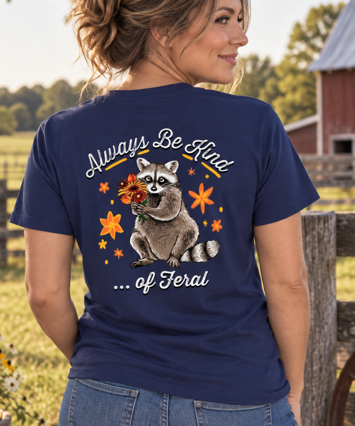 A woman wearing a navy blue graphic t-shirt with a raccoon and autumn design on the back, standing in a rural outdoor setting with a barn and fence in the background.