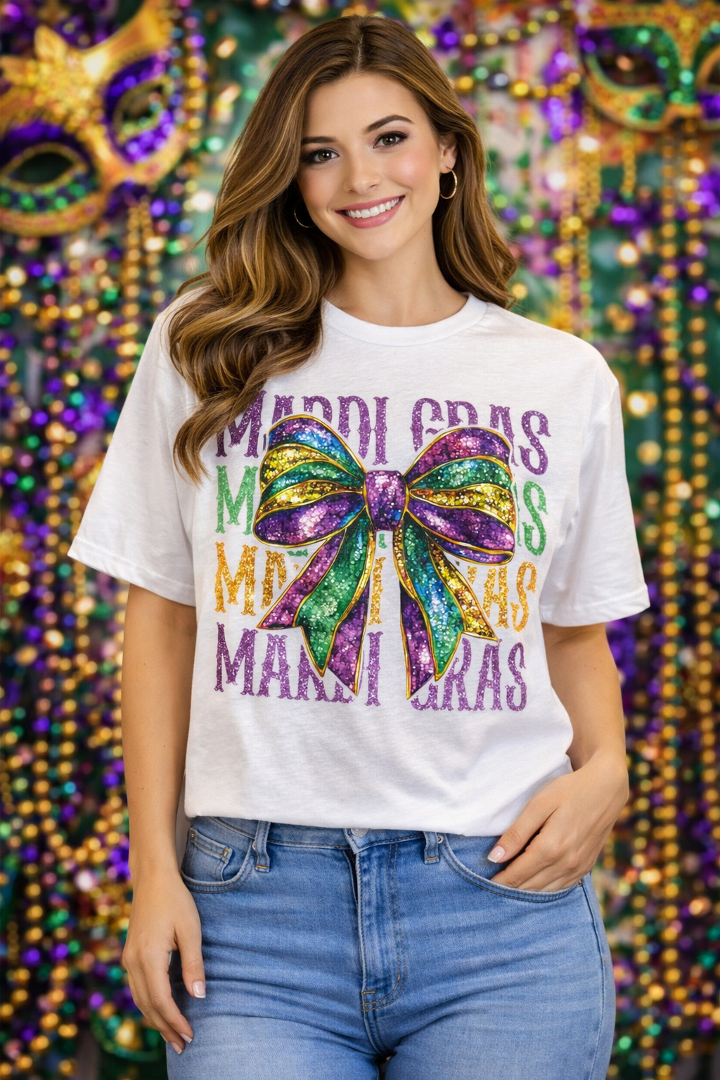 Southern Chics Mardi Gras Bow Canvas T-Shirt