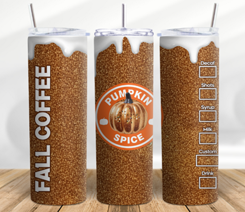Fall Coffee Pumpkin Spice 20 oz Skinny Tumbler Cup With Straw