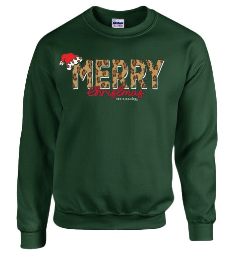 Southernology Leopard Merry Christmas Holiday Crewneck Sweatshirt