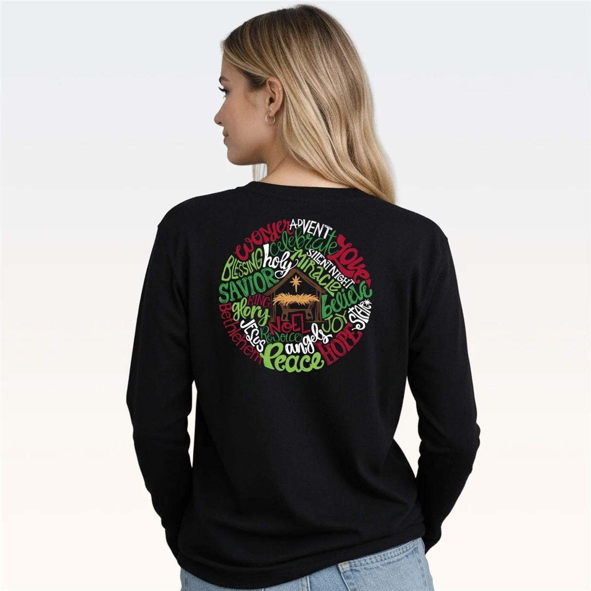 Southern Couture Classic Nativity Words Holiday Long Sleeve T-Shirt