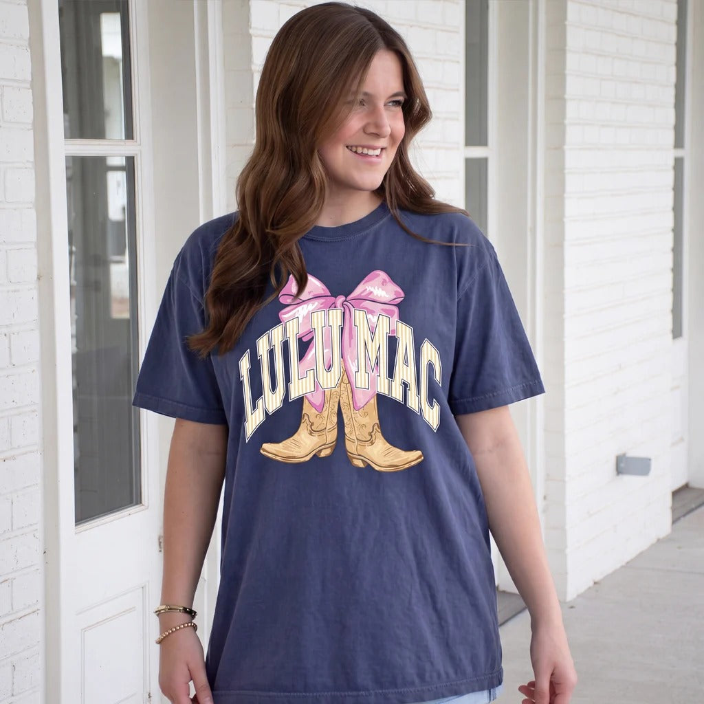 Girlie Girl Lulu Mac Stripes Boots Bow Comfort Colors T-Shirt