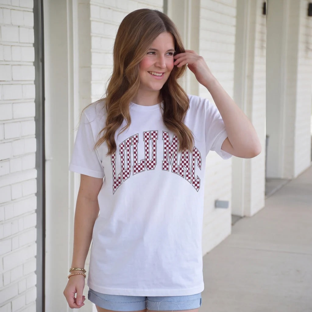 Girlie Girl Lulu Mac Checkered Maroon White Comfort Colors T-Shirt