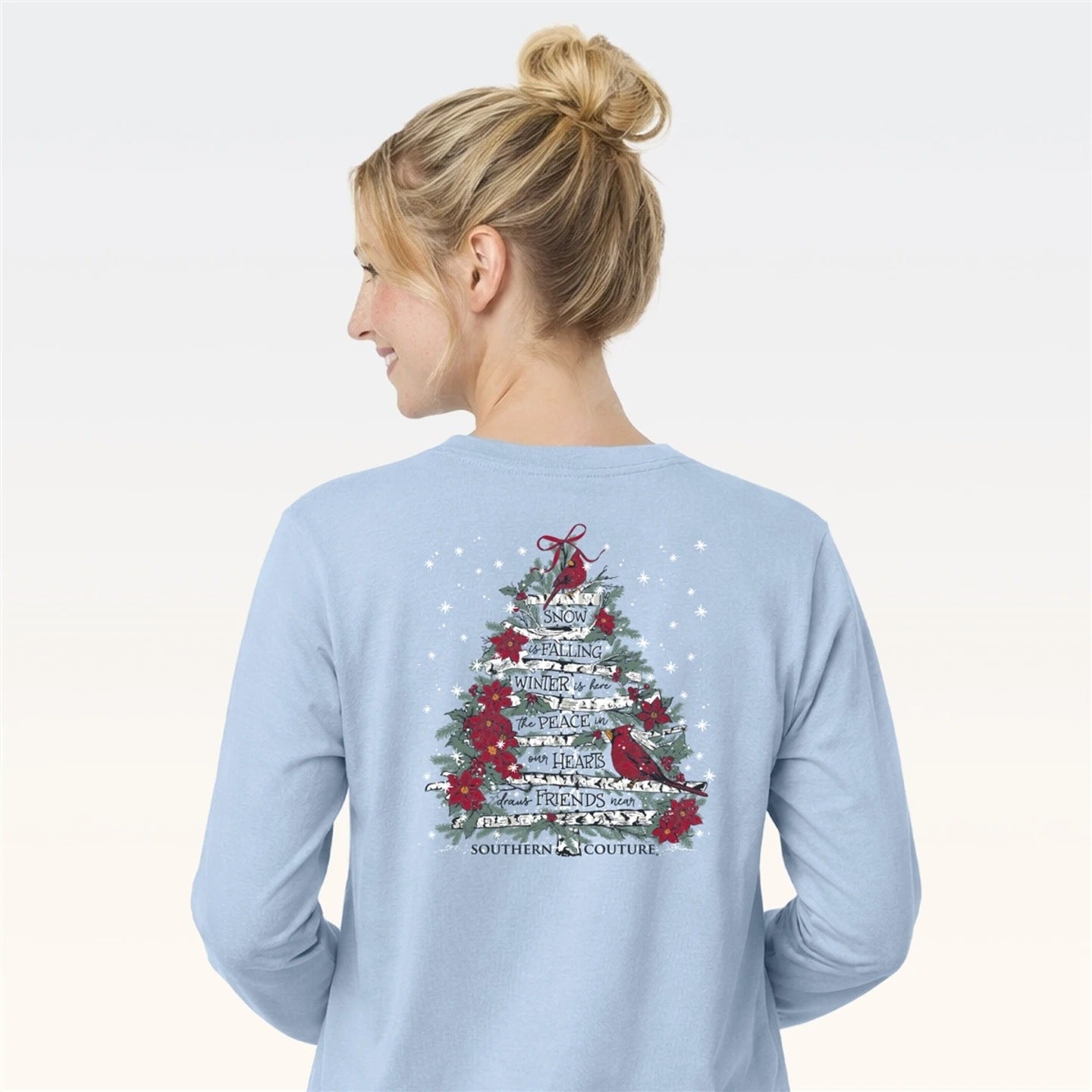 Southern Couture Classic Cardinal Bird Tree Holiday Long Sleeve T-Shirt