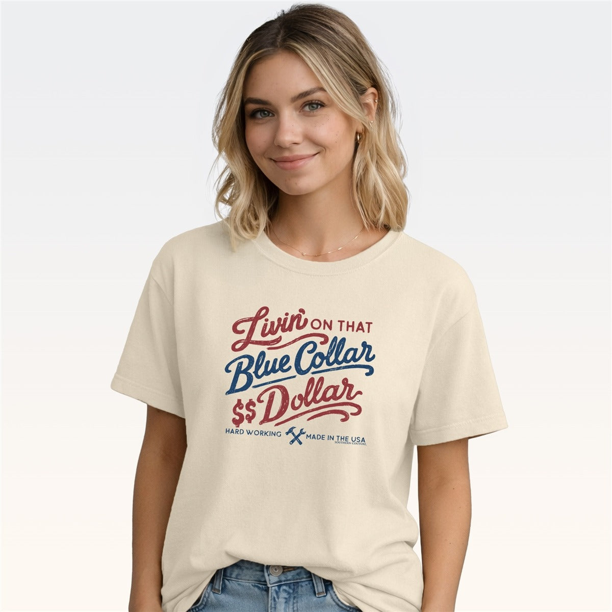 Southern Couture Soft Blue Collar Dollar T-Shirt