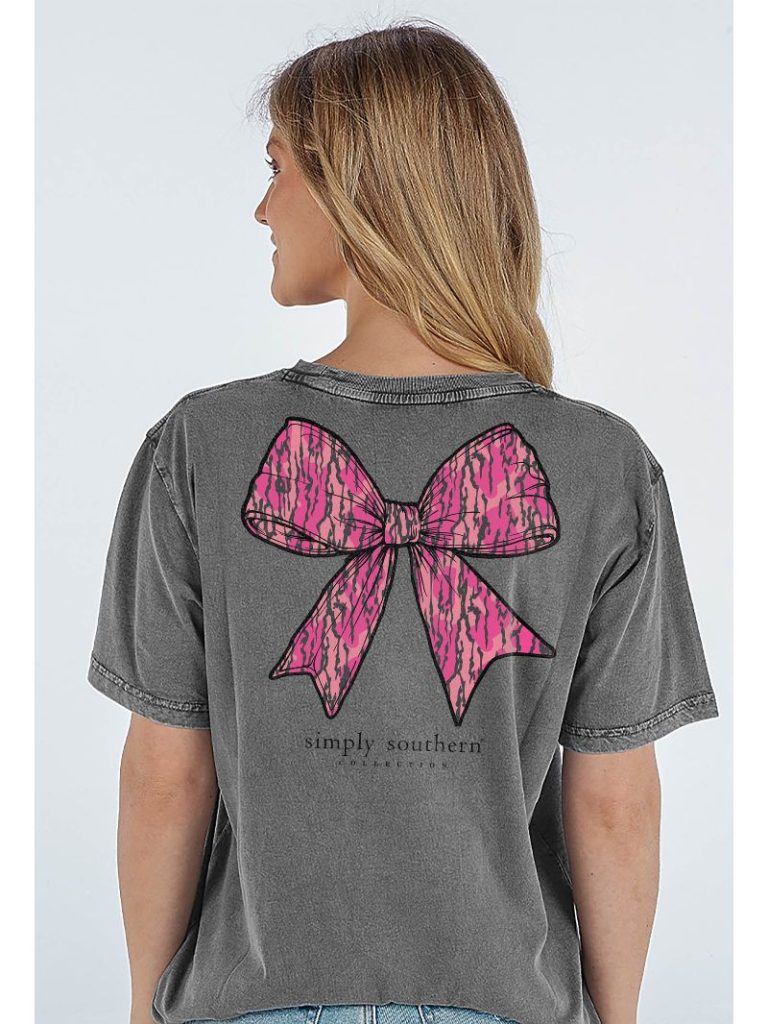 Simply Southern Pink Camo Bow Washed Coal T-Shirt