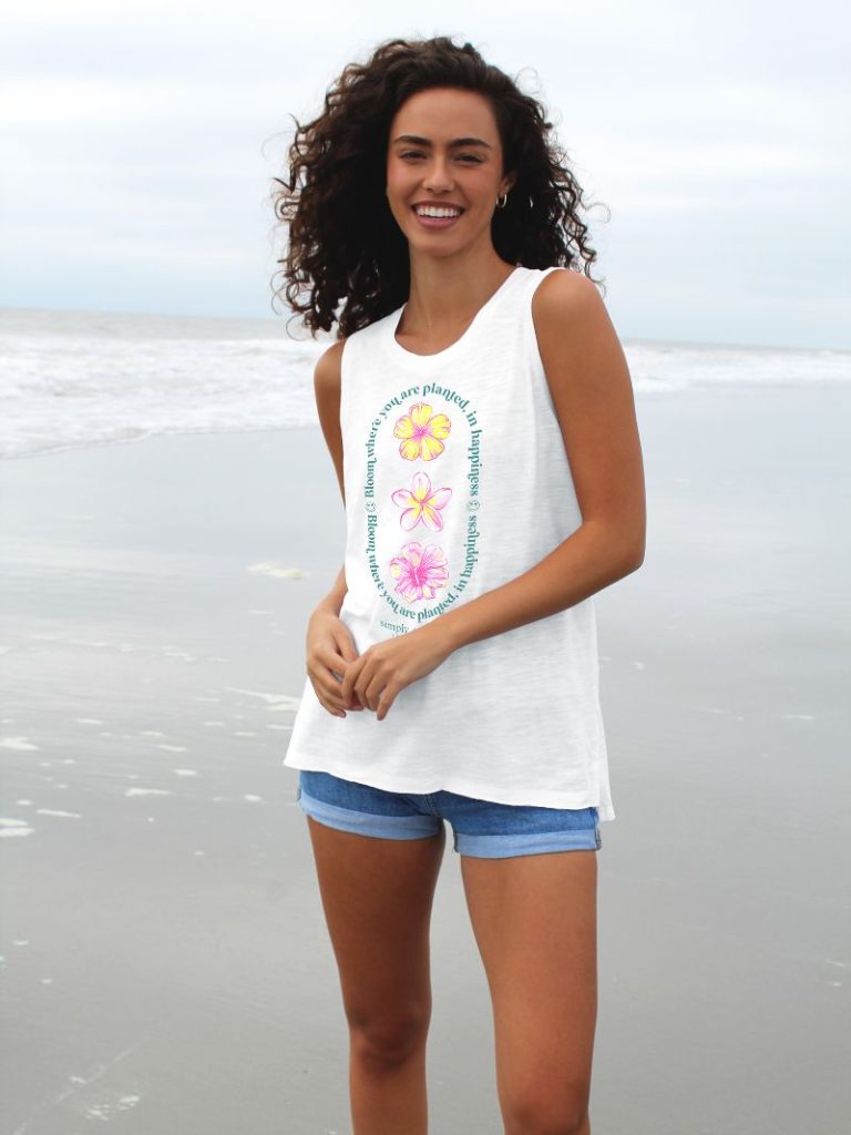Simply Southern Bloom Flowers White Tank Top