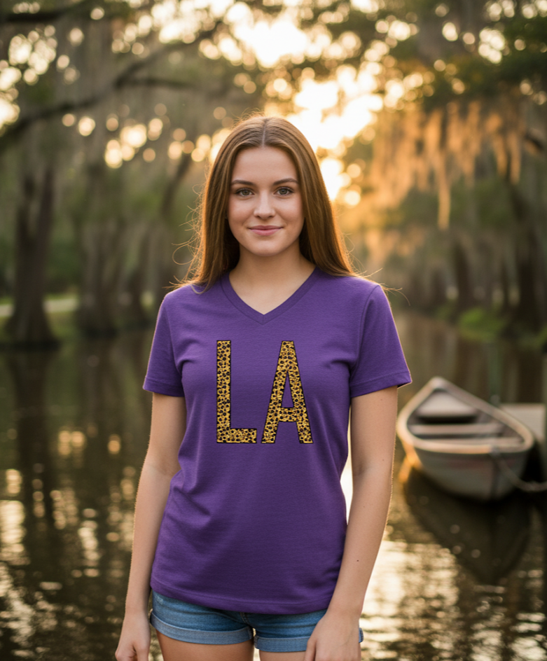 SALE Sassy Frass Louisiana State LA Leopard V-Neck Canvas Girlie Bright T Shirt