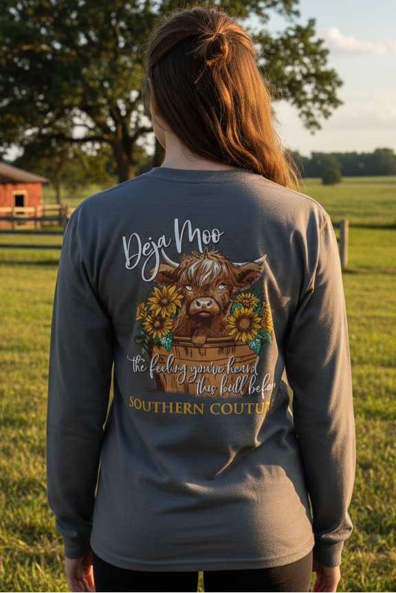 Southern Couture Classic Deja Moo Cow Long Sleeve T-Shirt