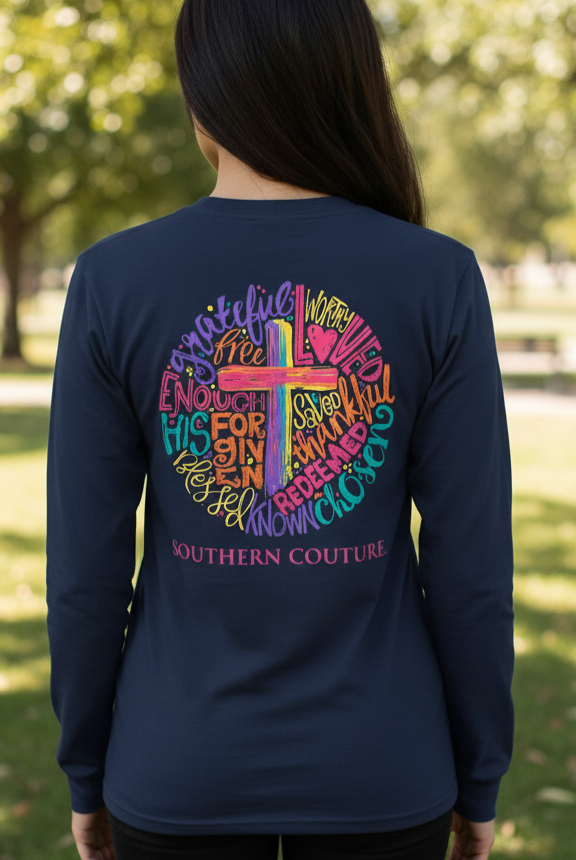 Southern Couture Classic Brushstroke Cross Circle Long Sleeve T-Shirt