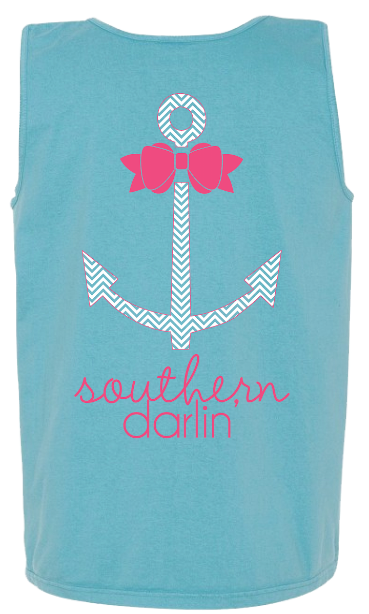 Southern Darlin Comfort Color Anchor Bow Chevron Bright Girlie T-Shirt Tank Top - SimplyCuteTees