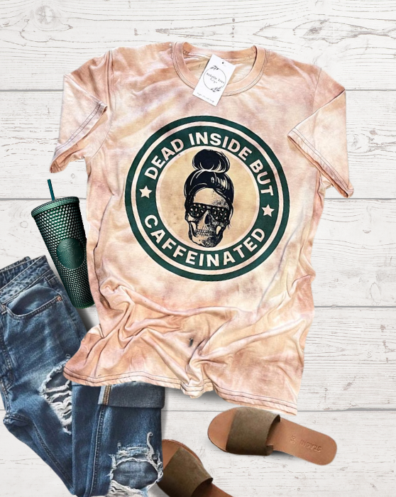 Dead Inside But Caffeinated Bleached Dye Girlie Canvas T Shirt