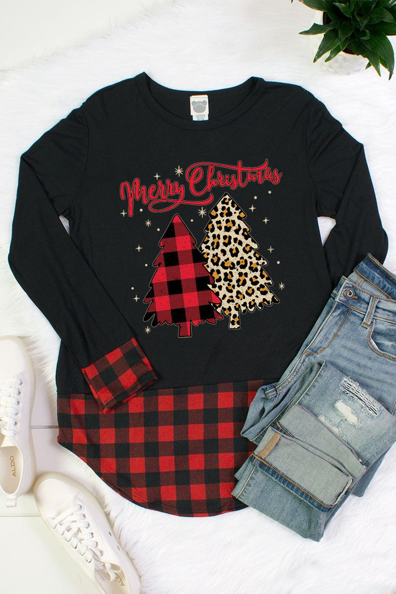 Merry Christmas Plaid Leopard Tree Plaid Hem &amp; Cuff Long Sleeve Shirt