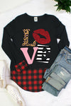 Love Glitter Lips Valentines Day Plaid Cuff and Hem Long Sleeve Shirt