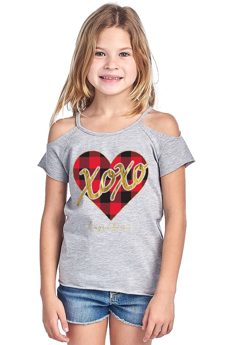 Youth Plaid XOXO Valentine's Day  Cold Shoulder Cut Out Short Sleeve Shirt
