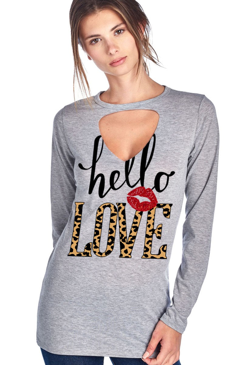 Hello Love Leopard Lips Cut Out Valentines Day Long Sleeve Shirt