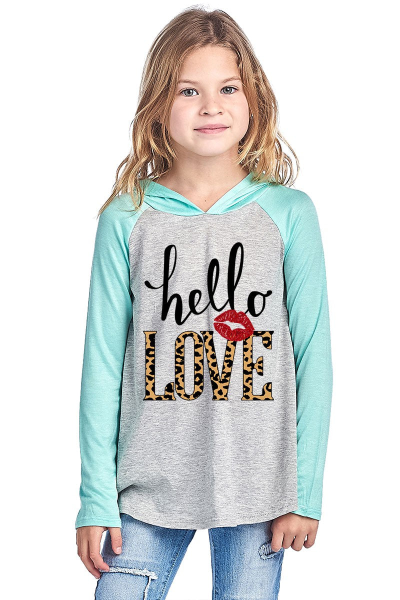 Youth Hello Love Leopard Lips Valentines Day Raglan Hoodie