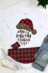 Have a Holly Jolly Christmas Plaid Leopard  Santa Hat Plaid Hem &amp; Cuff Long Sleeve Shirt