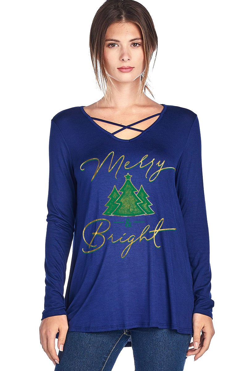 Merry & Bright Christmas Tree Criss Cross Long Sleeve Shirt