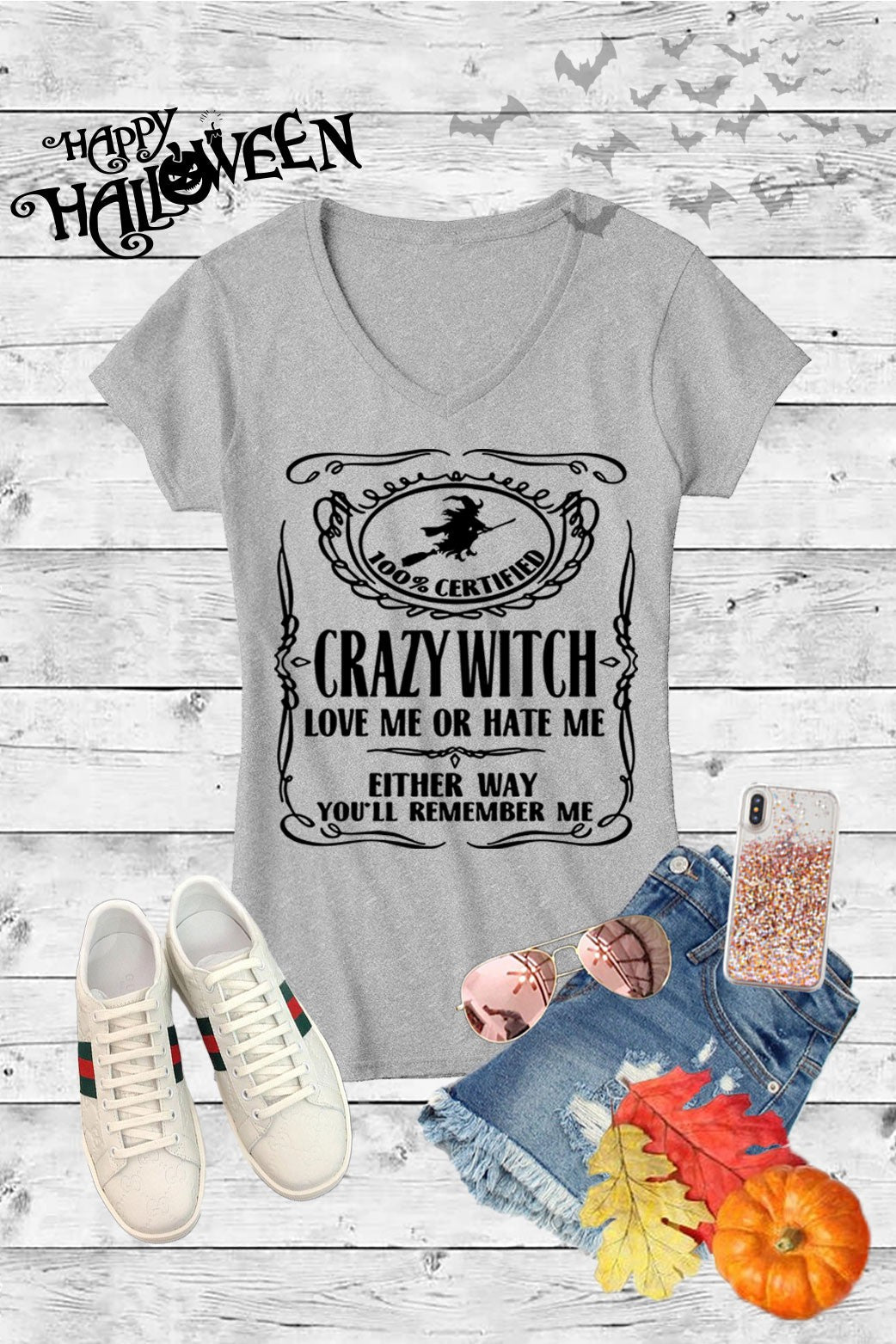 Crazy Witch Love Me or Hate Me Halloween Canvas Girlie V-Neck T Shirt