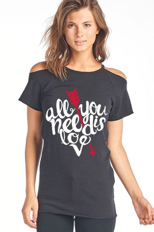 SALE All You Need is Love Cold Shoulder Cut Out Valentines Day Short Sleeve Shirt