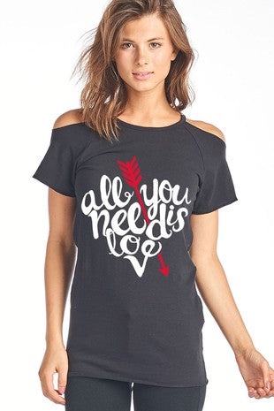 All You Need is Love Cold Shoulder Cut Out Valentines Day Short Sleeve Shirt